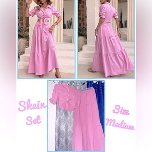 SHEIN VCAY pink Tie Front Flounce Sleeve Crop Shirt & Ruffle size medium